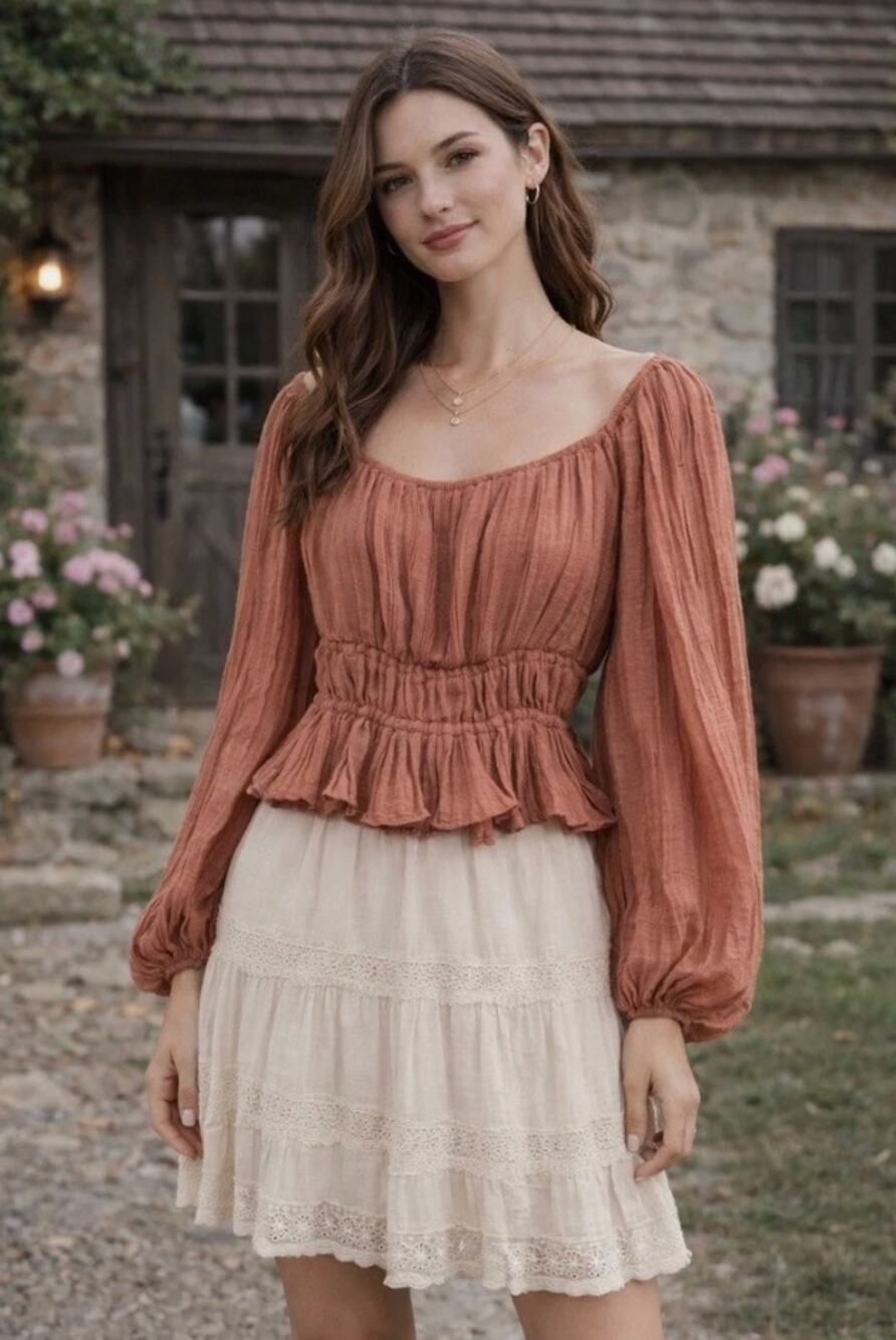 ASTR the Label Pleated Long Balloon Sleeve Cropped Chiffon Blouse Romantic Small